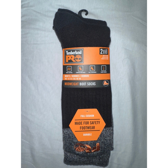 NWT Timberland Pro Men’s Midweight Boot Socks Size US 12-15 Black 2 Pair Pack - Picture 1 of 4